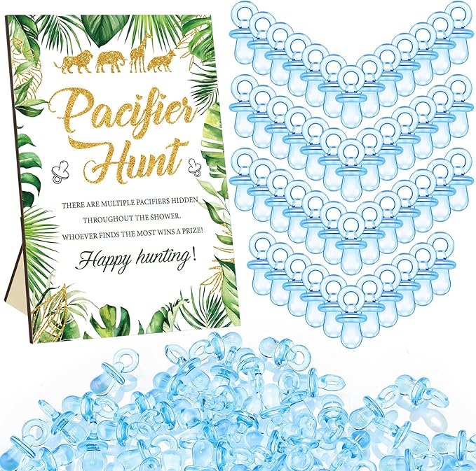 Thyle 51 Pcs Safari Jungle Animals Pacifier Hunt Baby Shower Games Include Hunt Sign and 50 Acrylic Pacifiers for Wild Animals Baby Shower Game Decoration Gift Sets Gender Reveal Party Decor