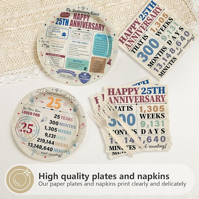 96Pcs 25th Anniversary Party Decorations Retro 25 Years Plates and Napkins 25th Anniversary Disposable Tableware Set for Vintage 25 Year Wedding Company Party Supplies Serves 24