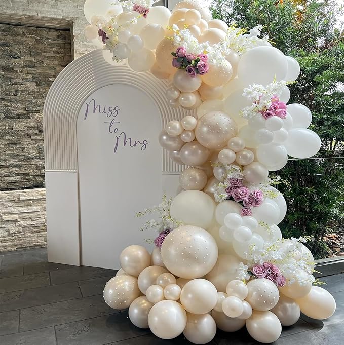 Pearl White Balloon Garland Arch Kit, Pearl Sand White and Pearl White Latex Balloons Long Balloons with Different Sizes for Wedding Engagement Bridal Shower Birthday Baby Shower Party Decoration