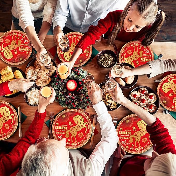 24 Pieces Chinese New Year 2026 Paper Plates – 9 Inch Red and Gold Horse Design Disposable Dinner Plates for Lunar New Year Party, Spring Festival, and Year of the Horse Celebrations