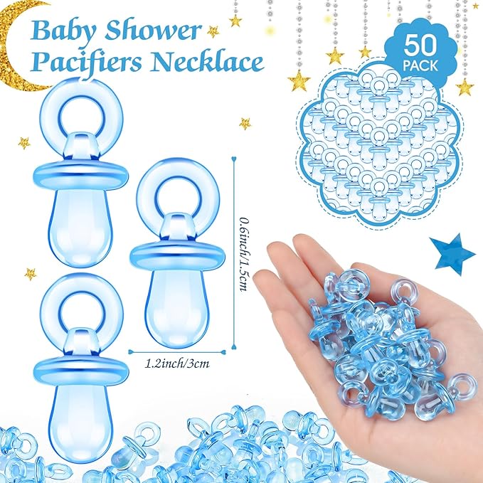 Thyle 51 Pcs Over The Moon Pacifier Hunt Baby Shower Games Include Navy Blue Starry Night Hunt Sign and Acrylic Pacifiers Moon Theme Baby Shower Game Decoration Gift Sets for Gender Reveal Party Decor