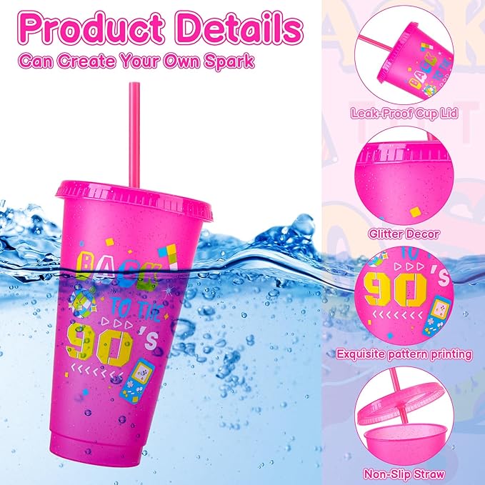 12 Pcs 90s Party Cups with Lids and Straws, 24OZ 90s Theme Party Decorations Drinking Cups Bulk for Retro Music Party Supplies Throwback Dance Birthday Party Supplies