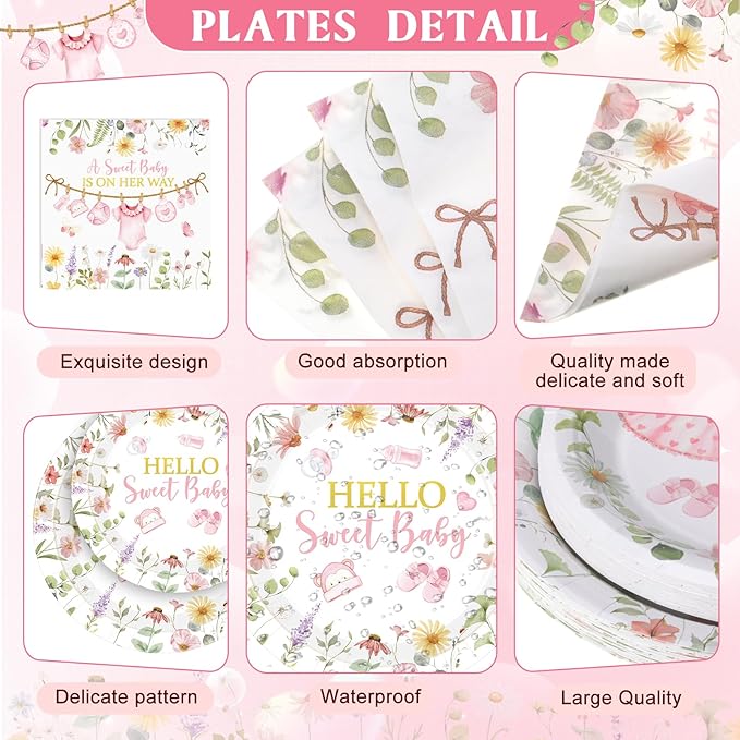 Pickmesh 194 Pcs It's a Girl Sweet Baby Shower Decorations for 24, Spring Pink Floral Baby Shower Paper Plates and Napkins Cups Tablecloth Cutlery for Gender Reveal Party Supplies