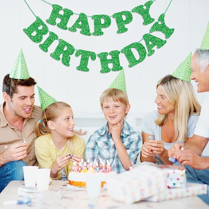 Glitter Green Happy Birthday Banner Birthday Party Decorations Sign Garland Bunting Banner for Wall Decor Party Background for Kids Boys Girls Adults