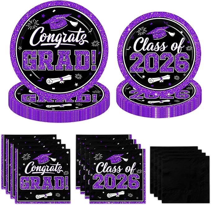 Graduation Decorations 2026 Graduation Party Plates and Napkins Set Black Purple Class of 2026 Graduation Party Supplies for Congrats Grad Party Decor, Serve 50