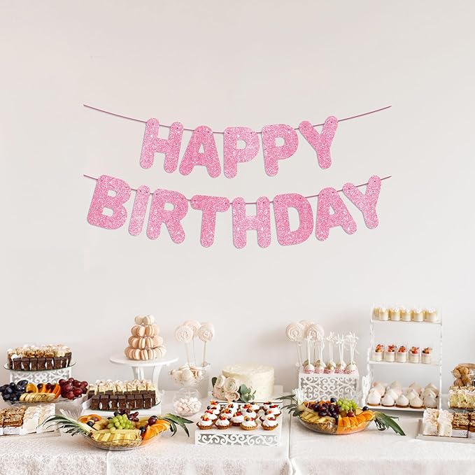 Pre-Strung Happy Birthday Pink Glitter Banner, Pink Birthday Party Decorations for Girl, Backdrop/Sign, Princess Party Decor for Her