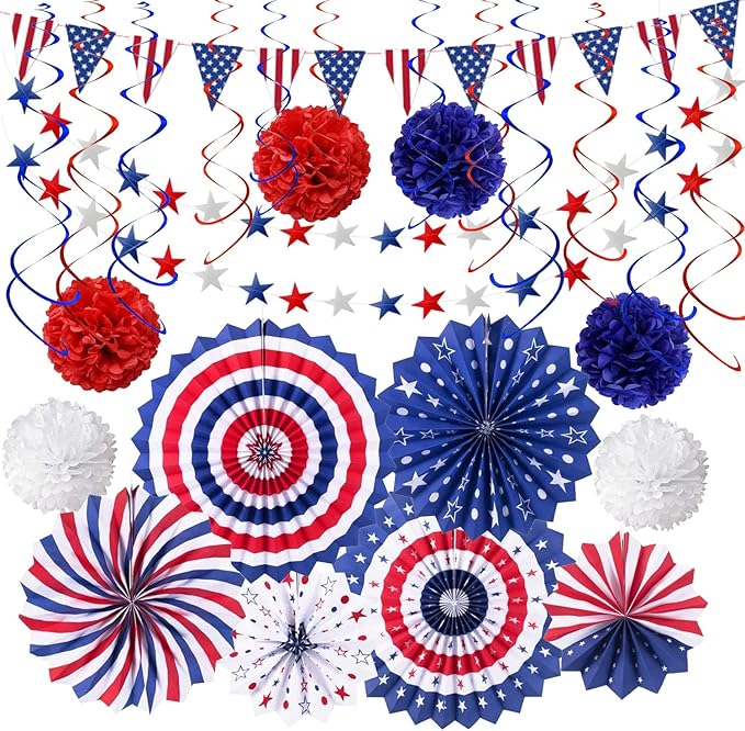 4th of July Patriotic Party Decorations 27 PCS Set, 6 Paper Fan, 6 Flower Ball, 1 USA Flag Pennant, 2 Star Streamer, 12 Swirl Streamer, Independence Day, Memorial Day, Veterans Day Decor Supplies