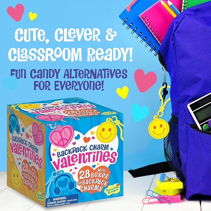 Peaceable Kingdom Valentines Box for Kids, Valentines Day Box Kit for Valentines Cards for Kids Classroom - Backpack Charm Valentines