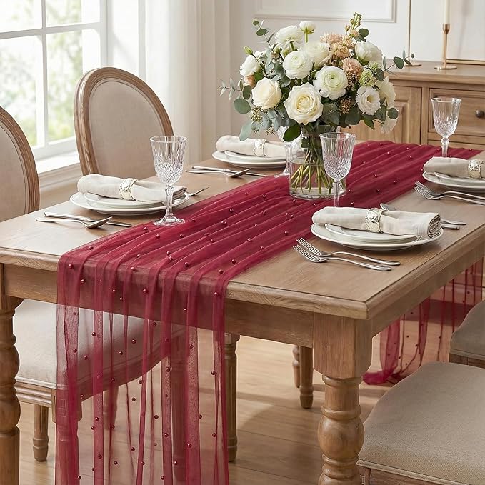 Artoid Mode 3PCS Pearl Burgundy Gauze Table Runner 120 Inch 10FT, Seasonal Sheer Dining Holiday Wedding Birthday Baby Shower Table Decor for Home Party
