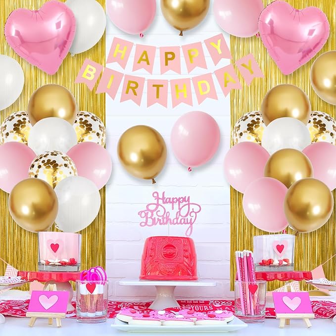 Pink Gold Birthday Decorations for Girls,Happy Birthday Decorations for Women,Gold Fringe Curtain Happy Birthday Banner Pink Heart Foil Balloons for Birthday Party Decoration