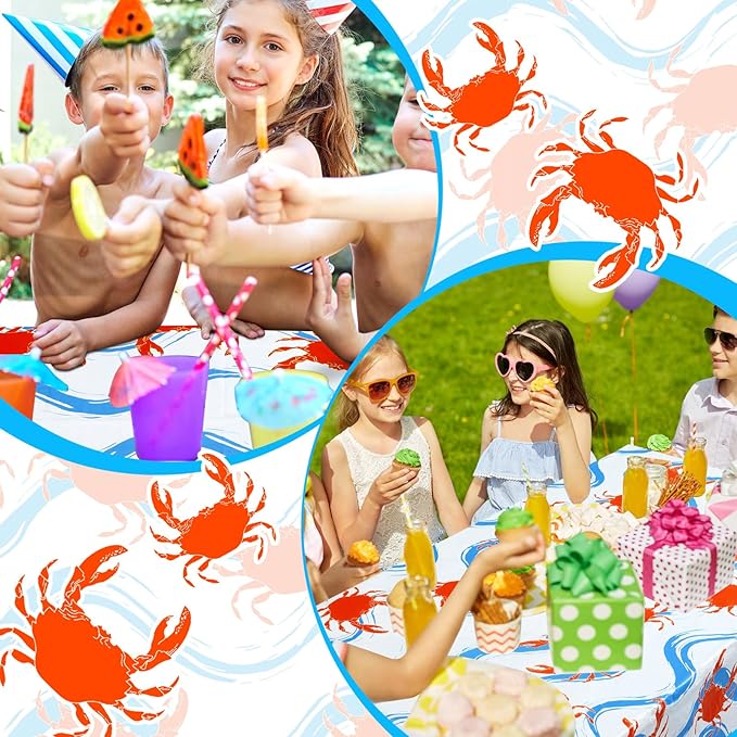 Juexica 4 Pcs 54 x 108 Inch Crab Boil Party Table Cloth Summer Seafood Party Supplies Plastic Crab Tablecover Decorations Rectangular for Sea Animals Dining Kitchen Centerpiece (Blue Waves Style)