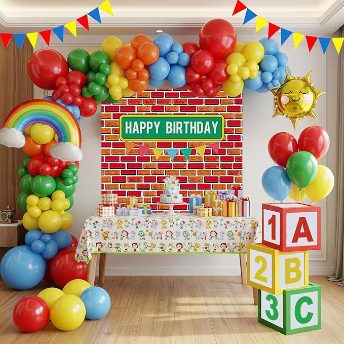 Sesame Friends party decorations Kit with cartoon Theme primary color Balloon and ABC123 Box brick wall birthday backdrop for kid birthday Kindergarten pre k back to school supplies