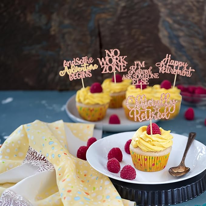 Gyufise 30PcsHappy Retirement Cupcake Toppers Officially Retired Cupcake Picks No Work Zone Adventure Begins Cake Decorations for Retirement Theme Farewell Birthday Party Decor Supplies Rose Gold