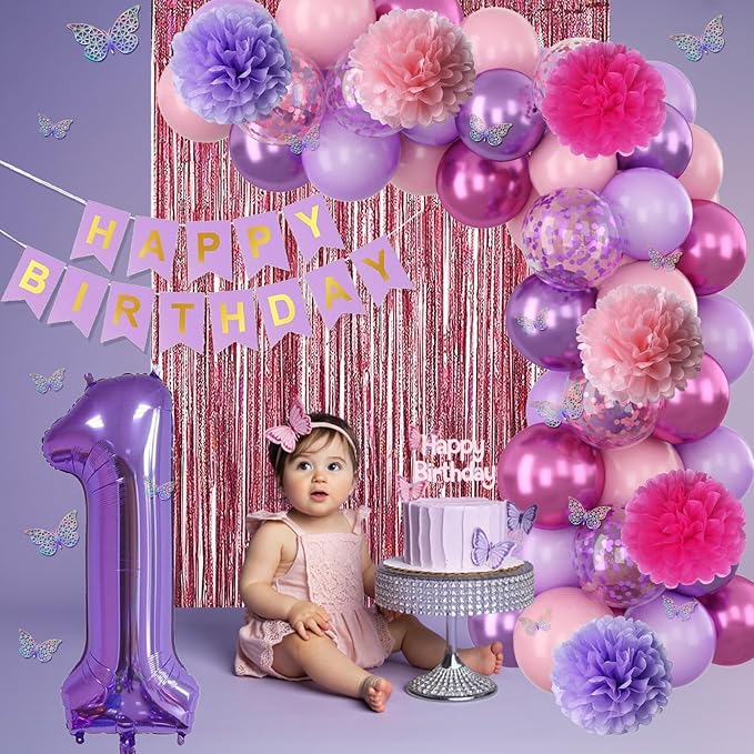 Pink Purple 1st Birthday Party Decorations for Girls Number 1 Balloon Happy Birthday Banner Butterfly Stickers Fringe Curtain Paper Pom Poms Metallic Hot Pink Star Foil Balloons Baby 1 Year Old Decor