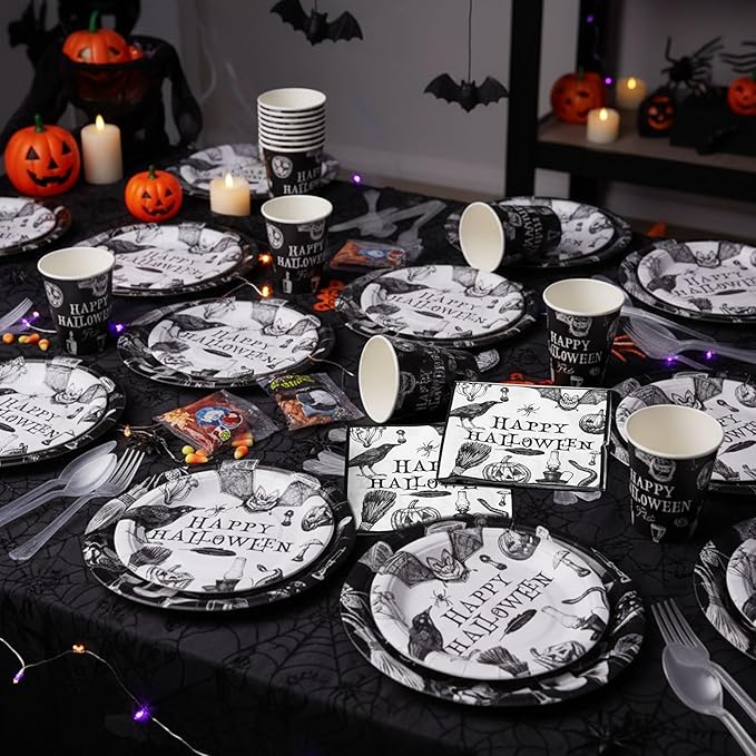 350 Pcs Happy Halloween Party Favor Vintage Halloween Decoration Disposable Tableware for 50 Guests 100 Pumpkin Skull Plates 50 Crows Bats Napkins 50 Cups 50 Sets Knives Fork Spoon