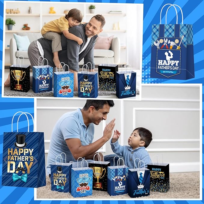 Sinload 48 Pcs Happy Father's Day Party Gift Bags Paper Bags with Handles Dad Treat Goodie Present Boxes Blue Black Party Supplies for Dads Men Anniversary Birthday Decor