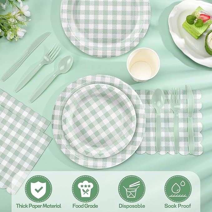 175 Pcs Gingham Paper Plates, Sage Green Baby Shower Decorations Include Sage Green Plates and Napkins Disposable Checkered Dinnerware Set for Bridal Shower, Wedding, Birthday