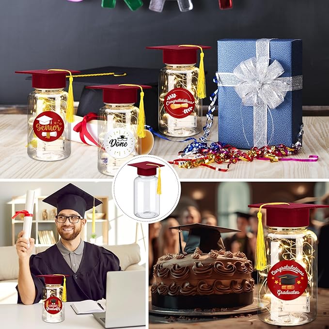 Boao 16 Sets Graduation Table Decoration Set with LED Light up Graduation Decorations for Class of 2026, Grad Jar, Felt Grad Hat and Stickers for High School College(Dark Red,Vivid)