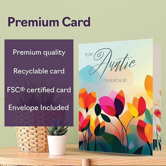 Aunt Birthday Card - Vibrant Summer Flowers - Vivid Happy Birthday Card for Auntie from Niece Nephew, 5x7 Inch Female Floral Bday Golden Greeting Cards
