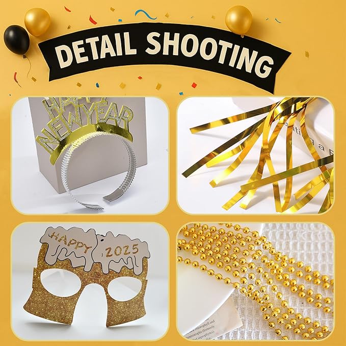 New Years Eve Party Supplies 2026 – 48 PCS Celebration Kit with Headbands, Glasses, Necklaces, Noise Makers& Wristbands – Gold Silver Happy New Year Decorations