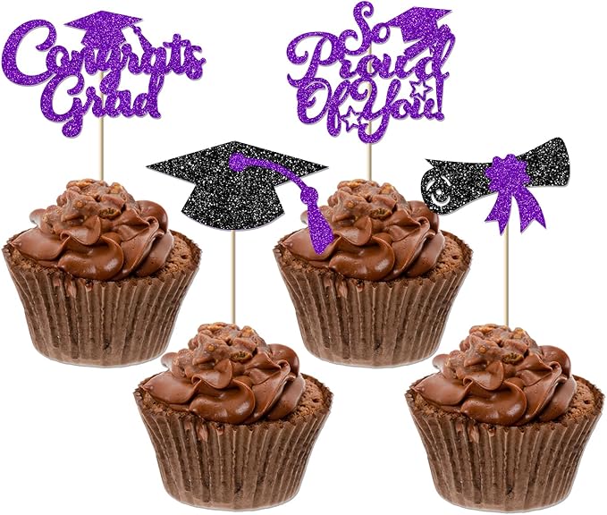 24Pcs Black Purple Graduation Cupcake Toppers 2026, Glitter Grad Cap Diploma Congrats Grad We Are So Proud of You Cupcake Toppers for Class of 2026 Graduation Party Decorations.
