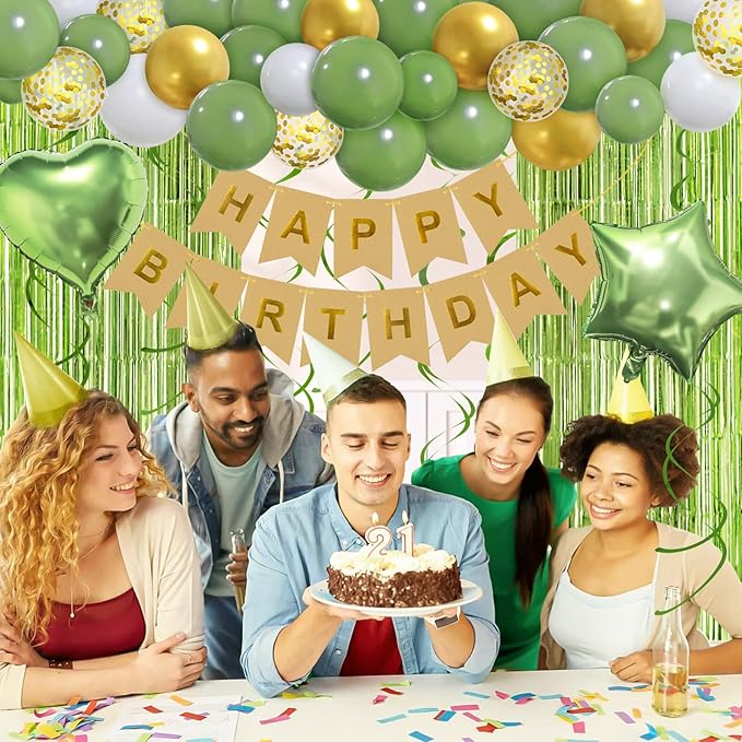 Sage Green Birthday Decorations, Happy Birthday Banner, Olive Green Balloon, Fringe Curtain, Heart Star Foil Balloon, Hanging Swirl for Kids Women Men Girls Boys Party Decorations