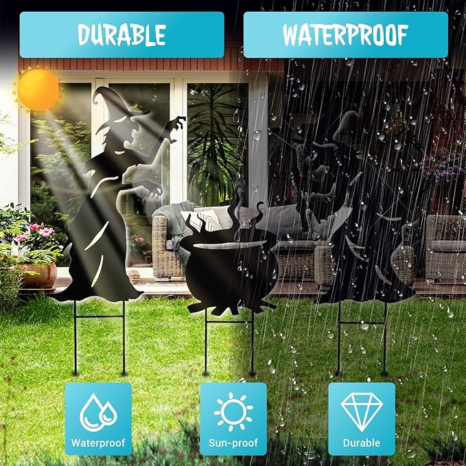 Halloween Witch Yard Decorations Witch Silhouette Yard Stakes with Cauldron,Set of 3 Metal Halloween Yard Stakes for Spooky Decorations Garden Lawn