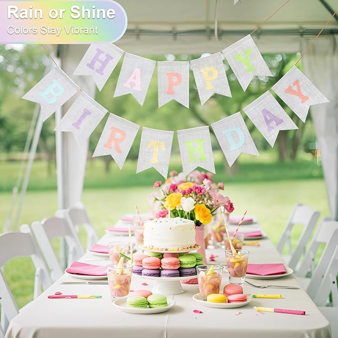 Happy Birthday Banner - Pre‑Strung Burlap Birthday Decorations and Reusable Birthday Sign for Men, Women & Kids | Party Supplies Backdrop (Macaron)