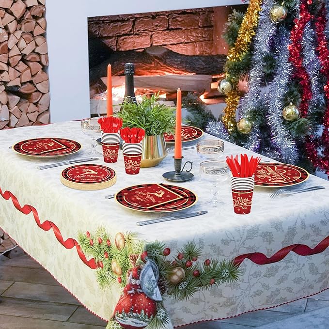 175 Pcs Merry Christmas Party Supplies Set - Serves 25, Festive Red and Black Plaid Disposable Tableware, Includes Paper Plates, Cups, Napkins, Forks, Spoons, Knives for Xmas Holiday Celebrations