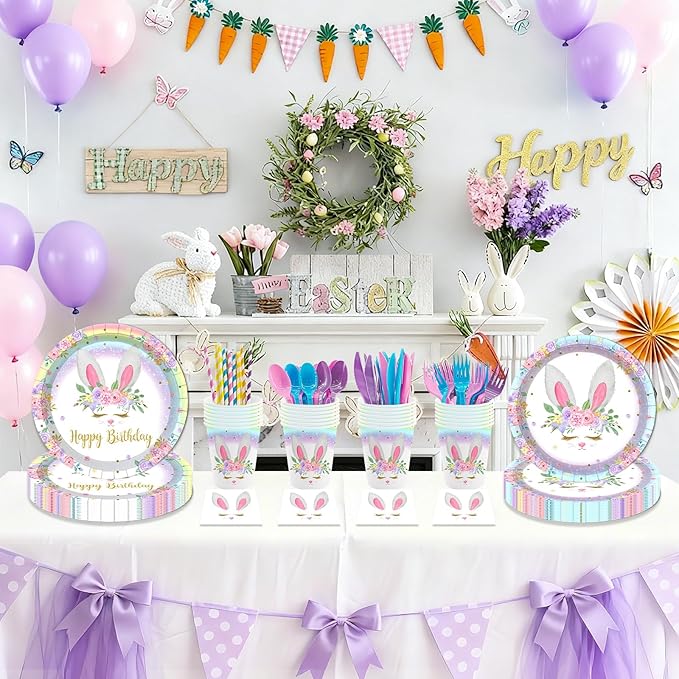 MEHOFOND 192pcs Bunny Birthday Decorations Easter Plates and Napkins set Rainbow Bunny Birthday Party Supplies Spring Easter Plates Bunny Party Dinnerware Tableware