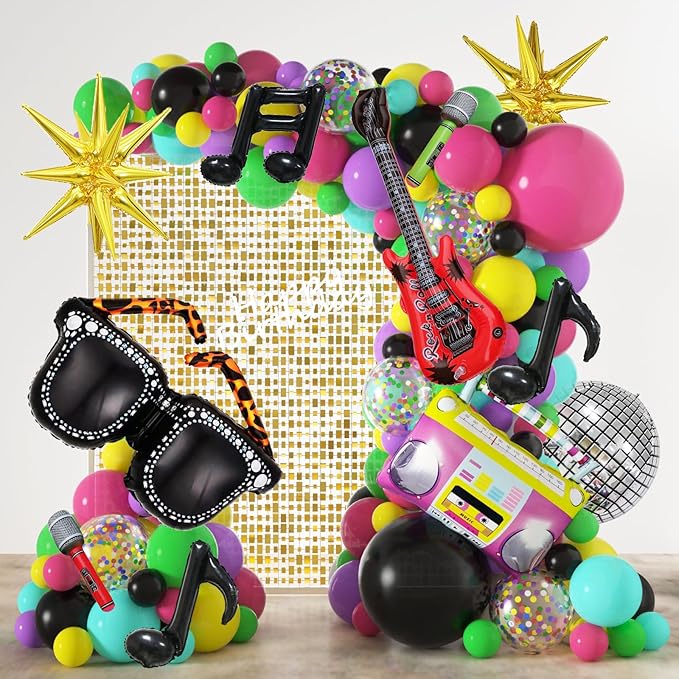 JOGAMS 80s 90s Party Decorations 165Pcs Balloons with Retro Inflatable Guitar Microphone Glasses Music Note Disco Ball Balloons for Back to 90s 80s Hip Hop Rock Theme Birthday Prom Party