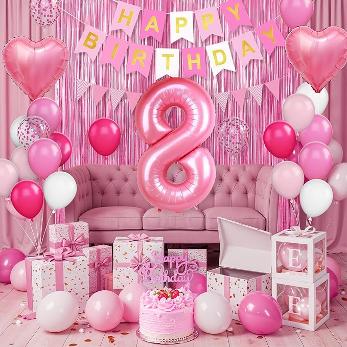 8th Birthday Decorations for Girls: Hot Pink Balloons, Happy Birthday Banner, Fringe Curtain, Cake Topper, Heart Balloons