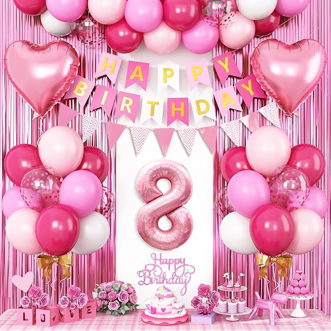 8th Birthday Decorations for Girls: Hot Pink Balloons, Happy Birthday Banner, Fringe Curtain, Cake Topper, Heart Balloons