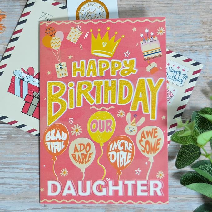 Daughter Birthday Card, Birthday Card for Daughter with Seal and Envelope, Daughters Cards from Mom, Dad, Parents