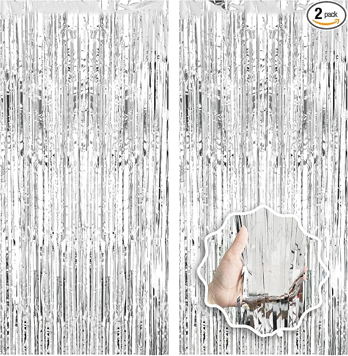 2 Pack Foil Curtain Backdrop Curtains Silver Tinsel Door Streamers Birthday Party Decorations Photo Booth Props for Disco Party Graduation Wedding Baby Shower Bachelorette Christmas Gender Reveal