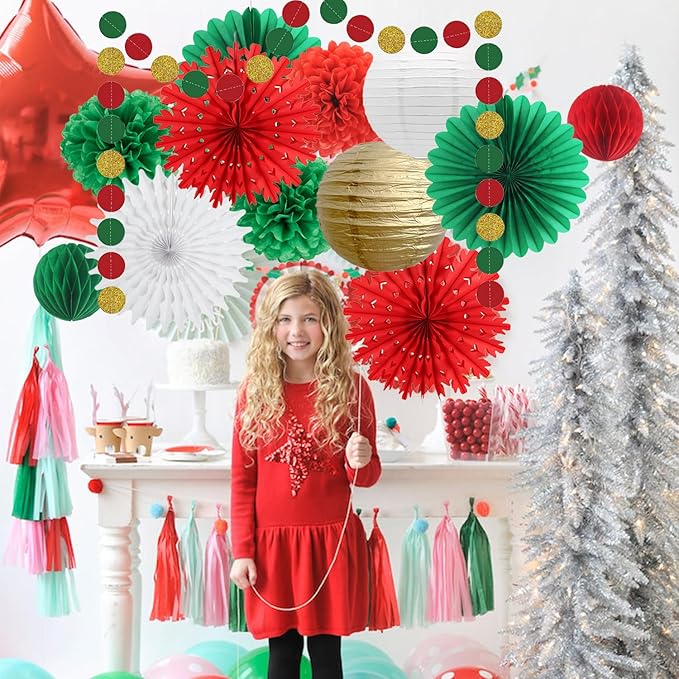 Christmas Decoration White Snowflake Paper Fans Paper Honeycomb Ball Lanterns Red Green Gold Circle Dot Garland for Christmas Party Supplies Xmas New Year Decorations