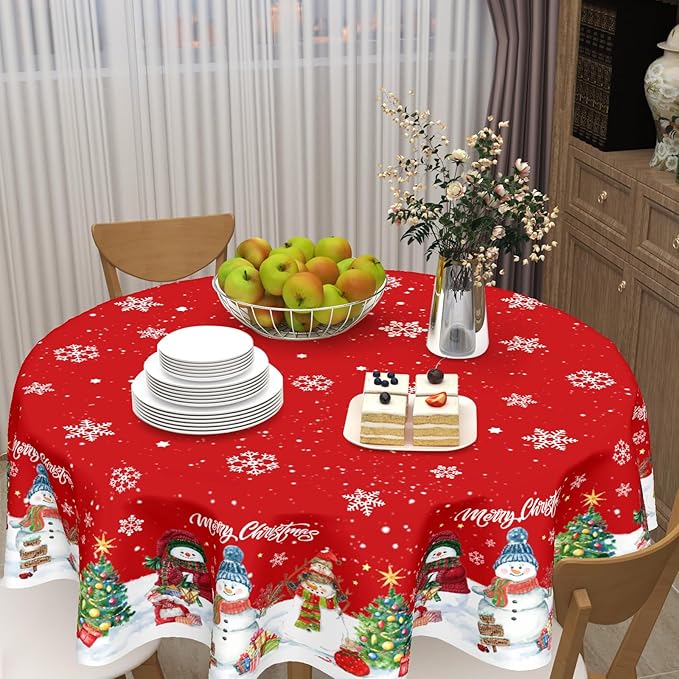 Christmas Tablecloth Round 60 Inch Red Winter Snowman Snowflake Table Cloth Farmhouse Xmas Tree Snow Table Cover for Kitchen Dinner Room Holiday Party Indoor Outdoor Home Christmas Decor