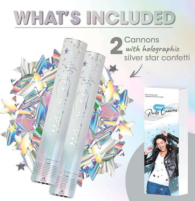 PrimePure Confetti Cannon Party Poppers - Holographic Silver Stars Confetti Popper - 2 Pack - Party Cannon Silver Glitter Star Pop Gun for Birthday, Wedding, Graduation, Celebration, Pranks