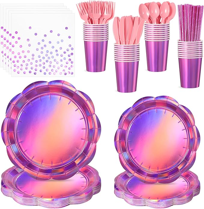 200 Pcs Pink Plates and Napkins Party Supplies, 25 Guest Scalloped Iridescent Pink Plates Napkins Cups Set Holographic Pink Party Decorations for Birthday, Mermaid, Disco Party
