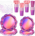 200 Pcs Pink Plates and Napkins Party Supplies, 25 Guest Scalloped Iridescent Pink Plates Napkins Cups Set Holographic Pink Party Decorations for Birthday, Mermaid, Disco Party