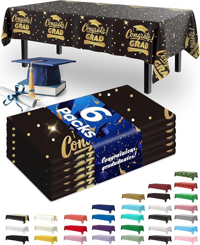 Pureegg Graduation Decorations 2026 Plastic Tablecloth Disposable 6 Pack, Class of 2026 Table Cover 54 x 108 Inch, Rectangle White Plastic Table Cloth for Party, Picnic, Graduation Black