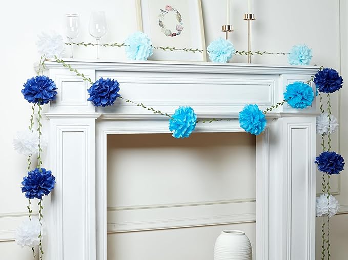 XIANNVXI Blue Tissue Paper Pom Pom Garlands Artificial Flowers Hanging Decorations 8.2ft Hanging Flowers Garland for Birthday Bridal Shower Party Spring Decorations 2PCS（Blue Gradient）