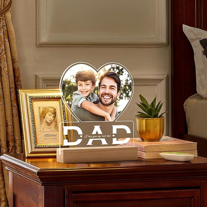 Personalized Gifts for Dad from Daughter Son, Custom Picture Frames with Photo, Customized Photo Frame with Night Light, Personalized Birthday Gifts for Dad Baby Kid Family