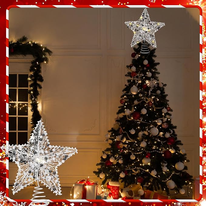 Black and White Christmas Tree Topper 8.3" Star Tree Topper Lighted Christmas Decor 3D Star Treetop LED Battery Light Spooky Xmas Ornament for Holiday Party Nightmare Indoor Outdoor Home Decor
