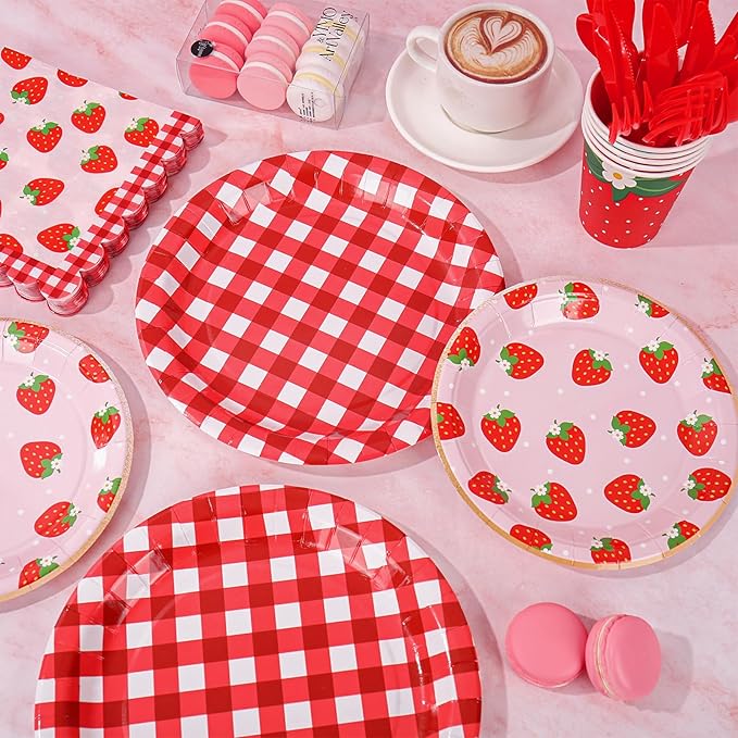 175Pcs Strawberry Gingham Party Supplies Kit Red Pink Plaid Tableware Set Disposable Dinnerware Paper Napkin Plate Cup Spoon Fork Knife for 25 Guest Party Favor