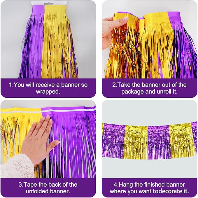 BEISHIDA 3 Packs Metallic Foil Fringe Garland Purple Gold Wall Hanging Tinsel Fringe Banners for Car Floats Bridal Shower Wedding Birthday Graduation Holiday Party Decoration(30 Feet)