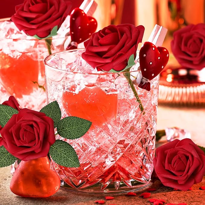 AmyHomie Artificial Flower Dark Red Rose 25pcs Real Looking Fake Roses w/Stem for DIY Wedding Bouquets Centerpieces Arrangements Party Baby Shower Valentines Day Christmas Tree Decorations