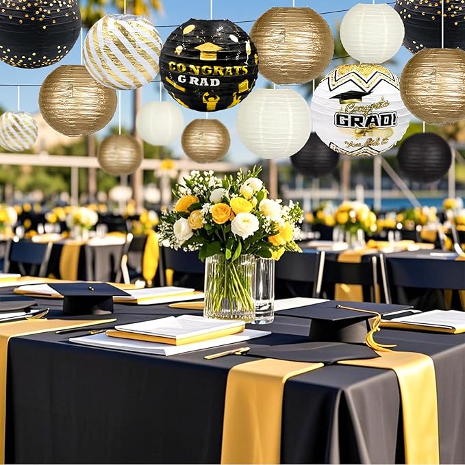 ADLKGG Graduation Paper Lanterns Party Decorations, Black and Gold Hanging Paper Lanterns for Class of 2025 Decorations, Congratulation Graduation Party Supplies, School, Home, Car Grad Decor, 16PCSs