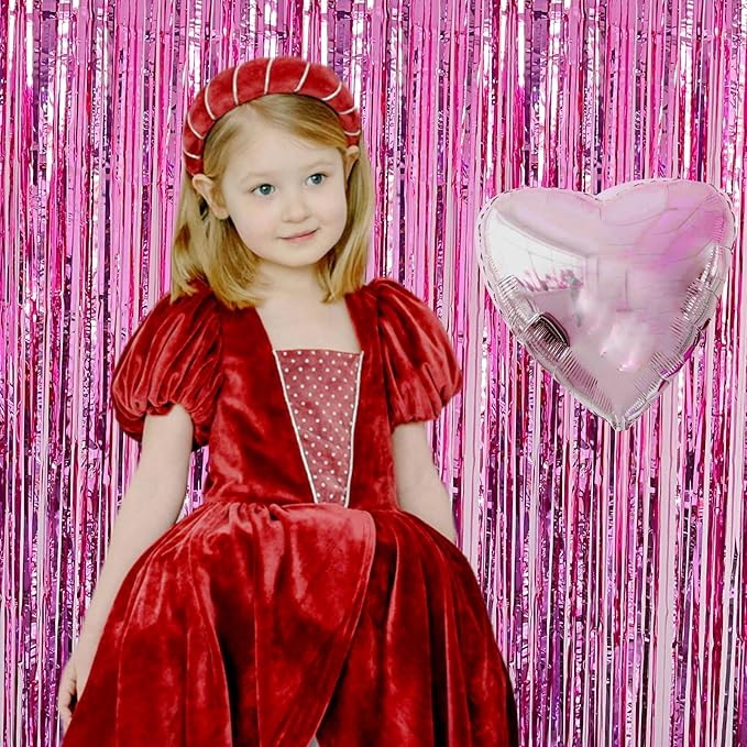 Pink Backdrop Birthday Party Decorations 3.3x8.2ft, 2 Pack Tinsel Foil Fringe Curtains for Valentines Day, Door Streamers for Galentines Easter Mother's Day Friendsgiving Barbie Princess Wedding