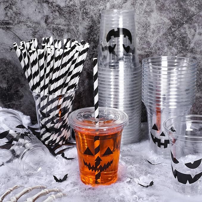 Whaline 60Pcs Halloween Disposable Plastic Cups with Lids and Straws 12oz Jack-O-Lantern Pumpkin Cold Beverage Drinking Cups Scary Printed Party Cup for Trick or Treat Party Supplies